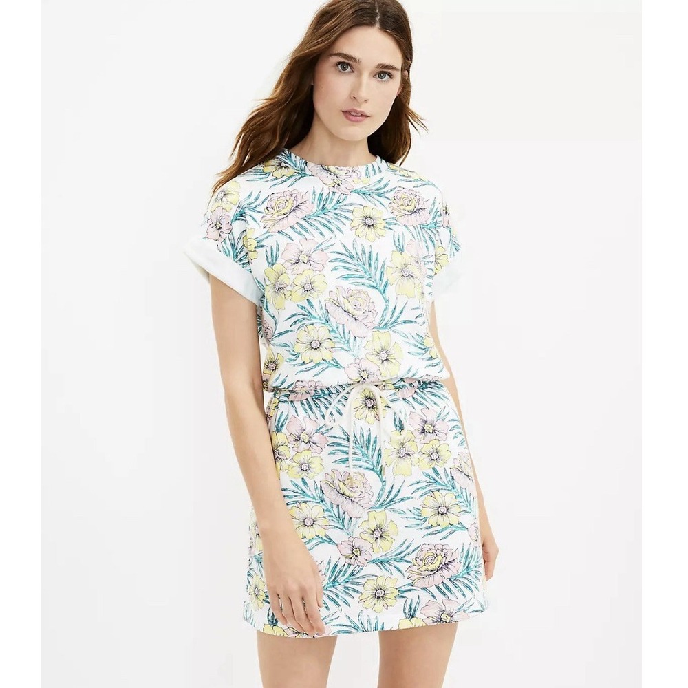 Lou & Grey Floral French Terry Mini Dress Drawstring Waist‎ Pockets S 585135